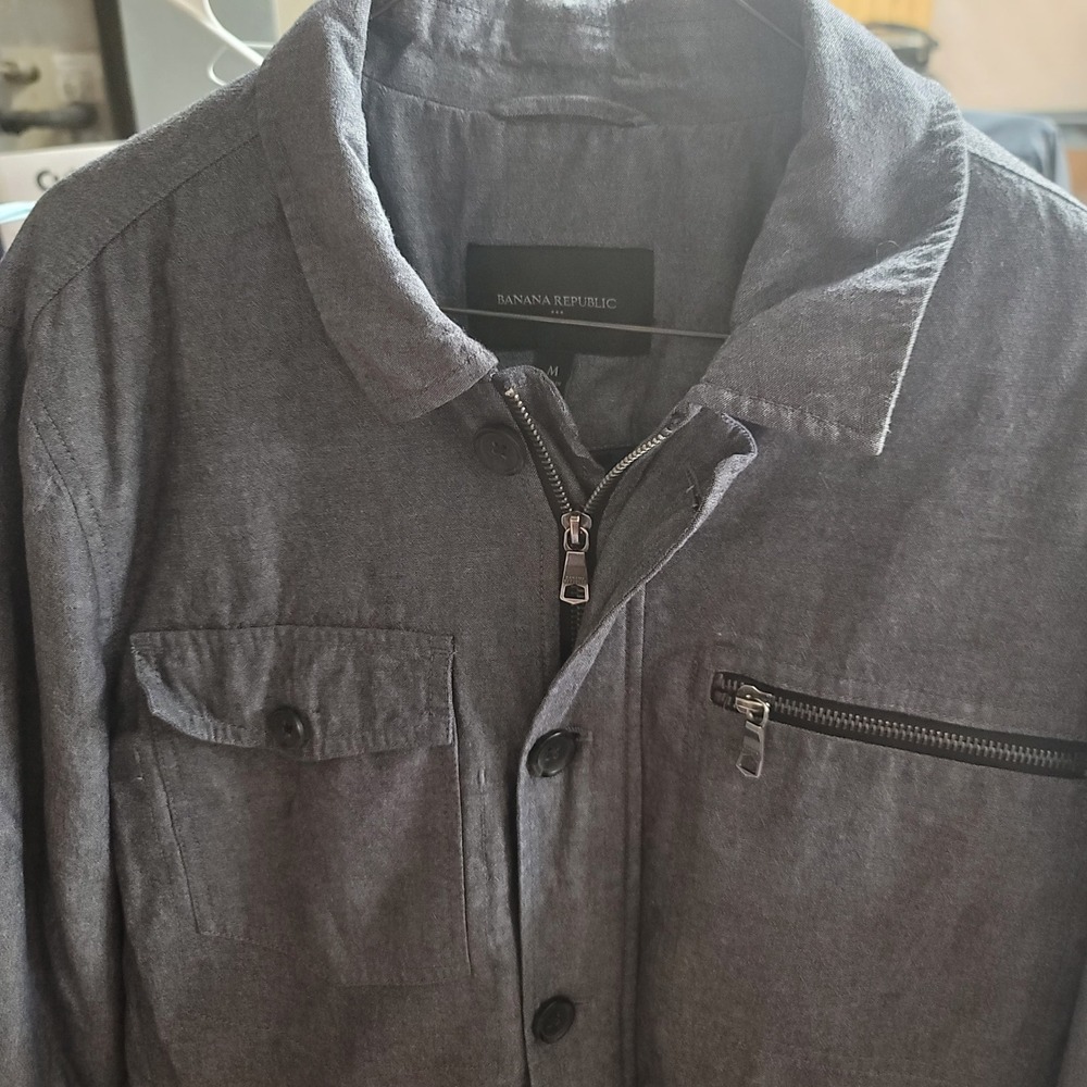 Banana Republic Men's Gray Chambray Utility Jacket Zip Front Button Pocket M - Picture 2 of 6